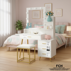FCH Escritorio de maquillaje grande blanco con espejo LED, 3 estantes, 4 cajones y taburete acolchado para dormitorio, mujeres y niñas - Product Image 2