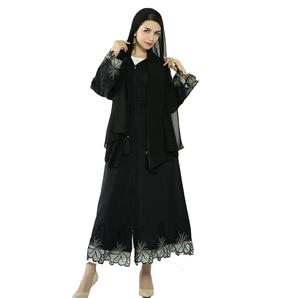 イスラムドレスファッション黒アラブイスラム教徒刺繍レース女性トルコアバヤ