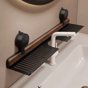 Étagère de salle de bain rectangulaire en bois de noyer avec ventouse, gain de place, durable, pour rangement sous robinet ou sous vasque - Product Image 1