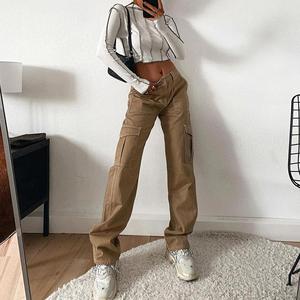 Jeans Cargo Marroni Vintage Larghi da <span class=keywords><strong>Donna</strong></span> Anni '90 Streetwear con <span class=keywords><strong>Tasche</strong></span> a Gamba Larga e Vita Bassa in Denim a Taglio Dritto - Product Image 3