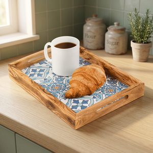 Plateau de service rectangulaire décoratif en céramique et bois d'olivier, fait main, écologique, 12,59x8,66 pouces, compatible lave-vaisselle - Product Image 3