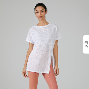 Round <b>Neck</b> Breathable Four-Way Stretch Fitness T-Shirts Workout Short Sleeve Yoga Shirt Solid Color Women Polyester/Cotton - Product Image 3