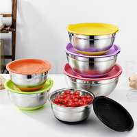 Bol à salade à couvercle multicolore épaississant de tailles multiples bol à mélanger en acier inoxydable avec base en silicone