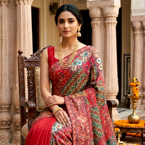Sari en soie rouge douce à imprimé numérique, tenue de mariage indienne traditionnelle pour femme, longueur au sol, coupe classique, infroissable, séchage rapide, tout confort - Product Image 1
