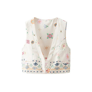 European American Style Cross-border 2025 New <strong>Women's</strong> Casual Summer Floral Printed Cotton <strong>Linen</strong> Breathable Short <strong>Waistcoat</strong> Top - Product Image 6