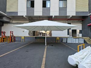 Large square Modern <b>Outdoor</b> Cantilever Patio <b>Umbrella</b> with Beige Canopy Sturdy Dark Frame Aluminum Pole Concrete Base - Product Image 2
