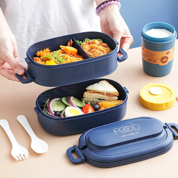 Portable Kids Adult Microwave Safe Tiffin Box Double Layers Plastic Lunch Bento Box With Cutlery