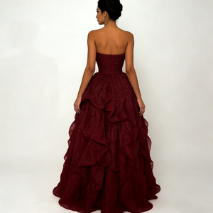 Robes pour femmes, bordeaux foncé, sans bretelles, col cœur, corsage plissé, volants superposés, fente haute, robe <span class=keywords><strong>de</strong></span> <span class=keywords><strong>soirée</strong></span> élégante <span class=keywords><strong>de</strong></span> style A - Product Image 3
