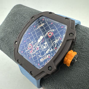 27-04 Men Luxury Automatic Mechanical <b>Watch</b>, Carbon Fiber <b>Case</b>, Tonneau Skeleton Design, Tennis Racket Dial, Sport <b>Watch</b> - Product Image 3