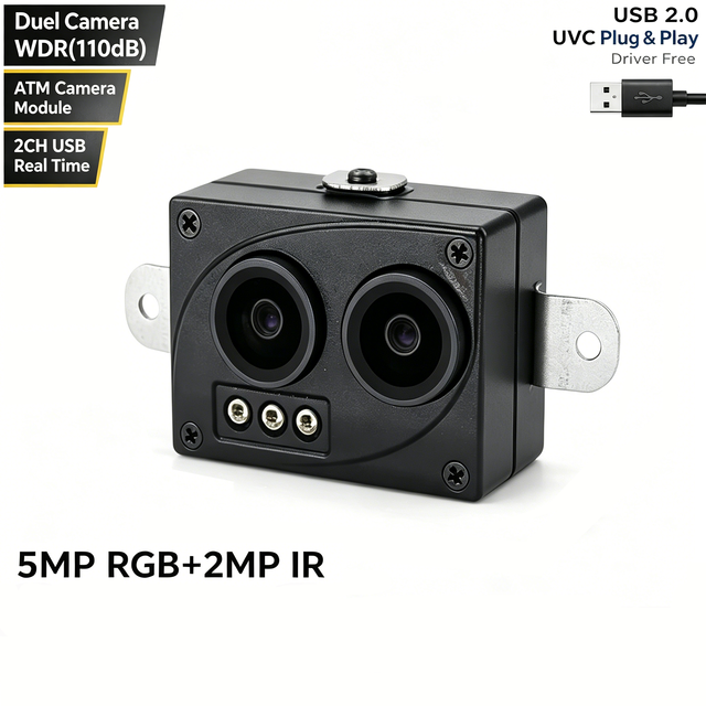 Dual Lens USB AI Vision Camera Module 5MP Color & 2MP Face Recognition WDR No Distortion Webcam for ATM