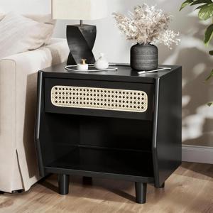 Black Nightstand With Rattan Detail MDF Solid Wood Modern Bedroom <b>Storage</b> <b>Open</b> Shelf Drawer Indoor Furniture - Product Image 1