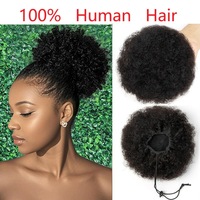 Perruque en cheveux naturels tendance 2026, style afro bouclé, chignon à cordon, 6/8 pouces