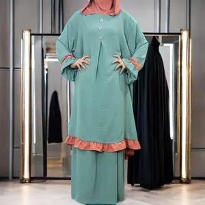 Ywqs Elegante Jurk Met Lange Mouwen Voor Dames Met Ijs Zijde Gerimpelde Tweedelige Abaya Voor Effen Kleur In De Lente En De Herfst Met Ruches