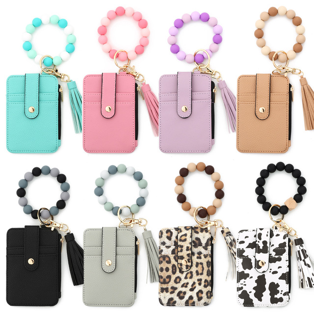 New Design Leather Keychain Card Holder Keychain Coin Purse Silicone Bead Bracelet Tassel Wristlet Wallet Keychain for Women