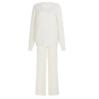 Ensemble Femme Tricot Uni Confortable Souple Col V Torsade Pull Soufflant Pantalon Droit