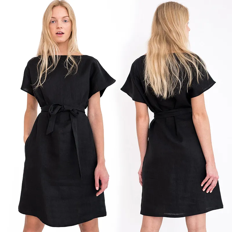 OEM & ODM Custom Women Clothes Elegant Belt Short Sleeve Boat Neckline Black 100% Linen Summer Dress Linen Cotton Dress