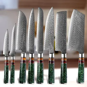 Yeşil reçine kolu şam çelik şef bıçak seti De Cuchillos şam mutfak bıçak setleri bıçaklar şef