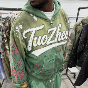 Fabricants de survêtements personnalisés, streetwear, survêtement ample, pantalon de survêtement évasé, court, déchiré, zippé, ensembles de sweat-shirts et de pantalons de survêtement - Product Image 2