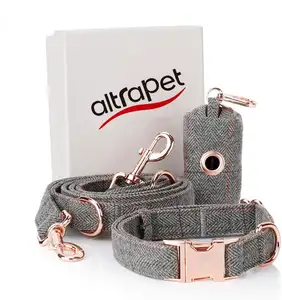 Custom Rose Gold Metal Buckle Tweed Dog Leash with Matching Collar, Hand Made Dog Poop Bag Holder Rose Gold Tweed Fabric