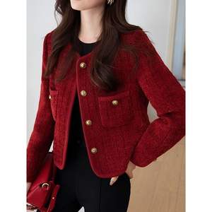 Veste <span class=keywords><strong>rouge</strong></span> bordeaux <span class=keywords><strong>de</strong></span> haute qualité pour femme, nouvelle collection printemps-automne, style français élégant, coupe courte, pour petites femmes - Product Image 2