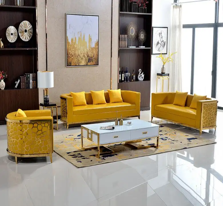 Produsen Langsung menjual laser cahaya jaring mewah berlapis emas sofa sandaran melengkung set sofa modern 3 + 2 + 1