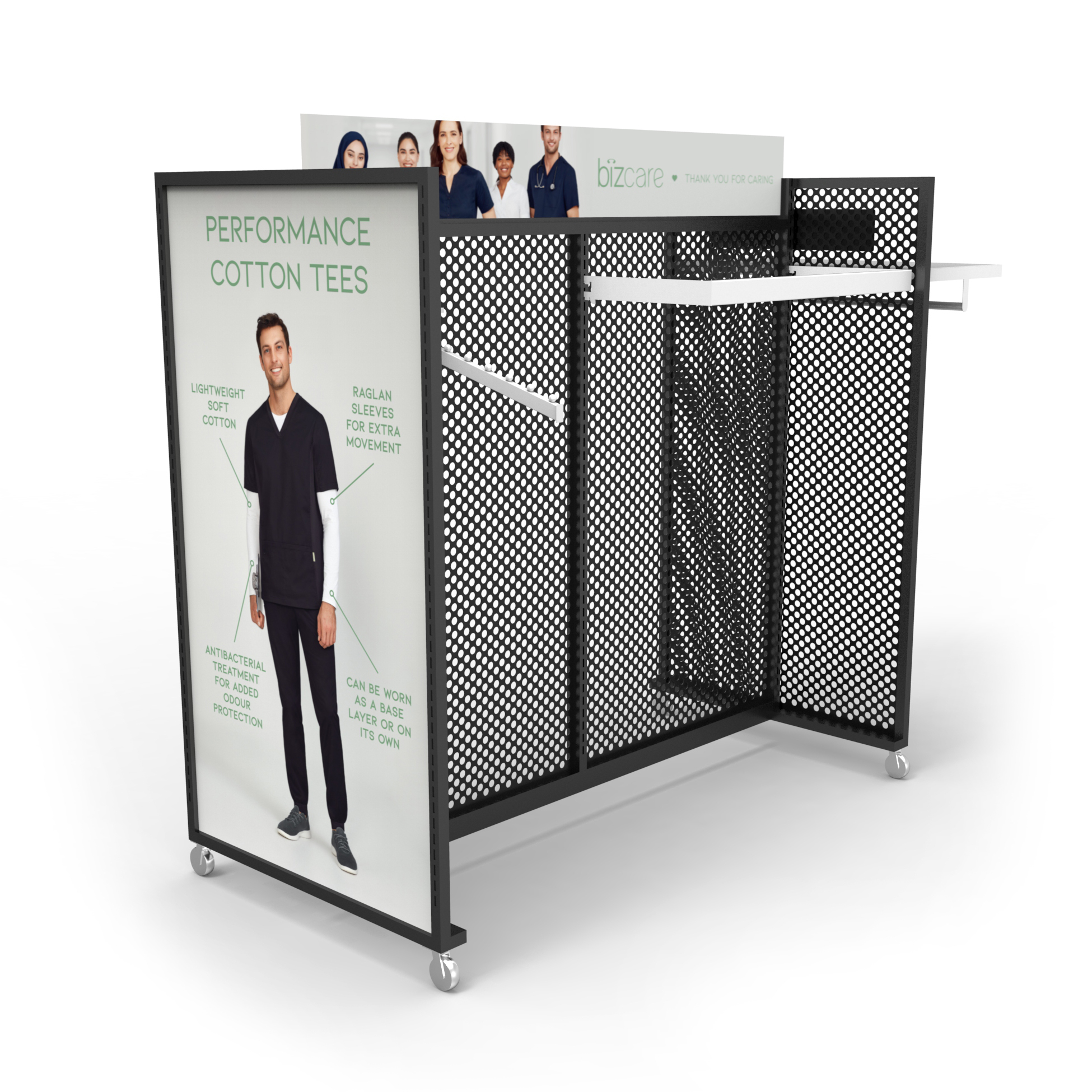 Custom Perforated Metal Clothing Display Rack with Casters L-Shape Pegboard Garment Rack Hanging Rail Retail Store Boutique OEM — view 4