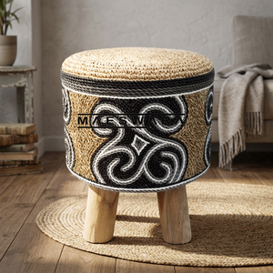 <b>STOOL</b> MOZAIK 4 Luxury Handmade Seagrass and Sisal <b>Woven</b> Round Storage <b>Stool</b> with Solid Wood Legs Boho Ottoman Furniture - Product Image 3