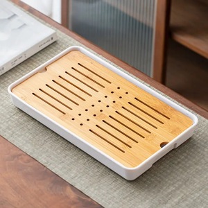 Plateau à thé rectangulaire pour usage domestique, adapté à la préparation à sec des tasses à thé, style taïwanais, plateau à thé intégré, drainage en bambou pour - Product Image 2