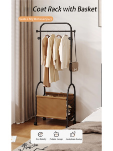 Porte-vêtements de chambre à coucher de style français sur pied, roulettes mobiles, rangement pour vêtements de nuit, panier à linge intégré, porte-manteau - Product Image 1