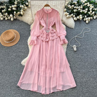 Robe décontractée élégante pour femme WIWT en mousseline rose à manches longues, à volants, coupe trapèze, avec décorations en strass, pour tous les jours et les soirées