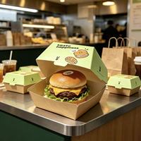 Boîte à hamburger carrée jetable en kraft pour emporter, OEM, restauration rapide, impression quadricolore, écologique, biodégradable, recyclable, papier artistique