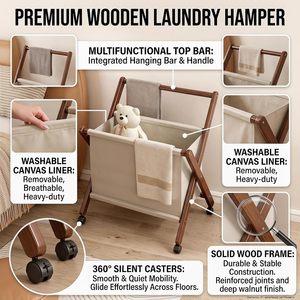 Panier à <span class=keywords><strong>linge</strong></span> pliable en bambou avec cadre en X, chariot à <span class=keywords><strong>linge</strong></span> roulant pliable avec roues, panier à vêtements avec doublure en coton pour salle de bain - Product Image 4