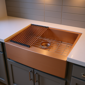 Lavello da Cucina in Acciaio Inossidabile Stile Rustico 30 Pollici, Vasca Singola, Finitura Spazzolata Oro Rosa, con Frontale a Grembiule - Product Image 2