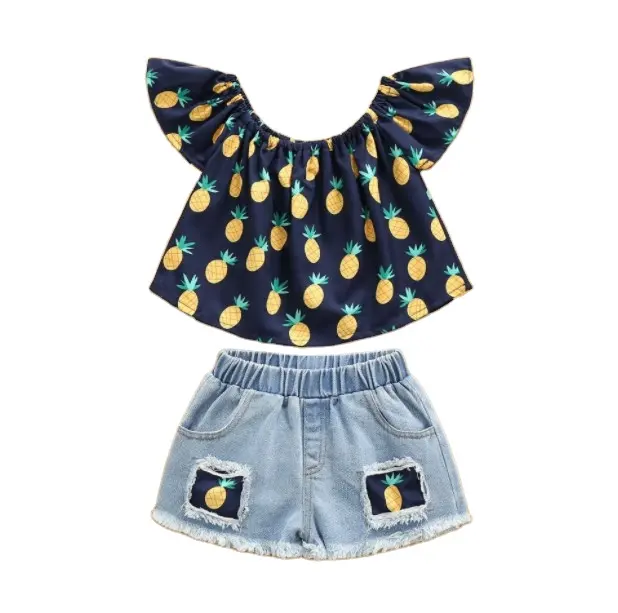 卸売ブティック赤ちゃん女の子服ショート新デザイン2ピース夏フレアスリーブとジーンズセット