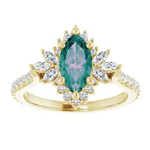 MEDBOO Snow Flake Jewelry 18k Gold 1ct Marquise Alexandrite Ring Halo Blue Green Alexandrite Engagement Star Burst Jewellery
