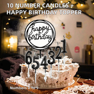 Set di 10 Eleganti Candeline Numeriche da 0 a 9 + <span class=keywords><strong>1</strong></span> Decorazione per Torta con Scritta '<span class=keywords><strong>Buon</strong></span> <span class=keywords><strong>Compleanno</strong></span>' (Nero) - Product Image 2