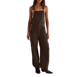 Combinaison pantalon cargo décontractée ample en velours côtelé marron rétro avec bretelles en coton pour femme - Product Image 5