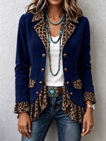 Veste décontractée en velours côtelé pour femme, imprimé léopard, col à revers et ourlet patchwork, col cranté, simple boutonnage, manches longues, ourlet à volants