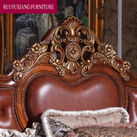 Lit en bois sculpté de style américain, luxueux, avec revêtement en cuir, lit double, lit king-size, ensemble de meubles de chambre classique pour villa
