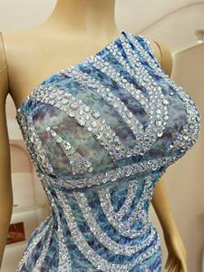 Gaun Seksi Berkilau Payet Satu Bahu Model Bodycon Ilusi Mesh Panjang Menyentuh Lantai Cepat Kering untuk Wanita, Gaun Malam <span class=keywords><strong>Prom</strong></span>, Acara Karpet Merah - Product Image 5