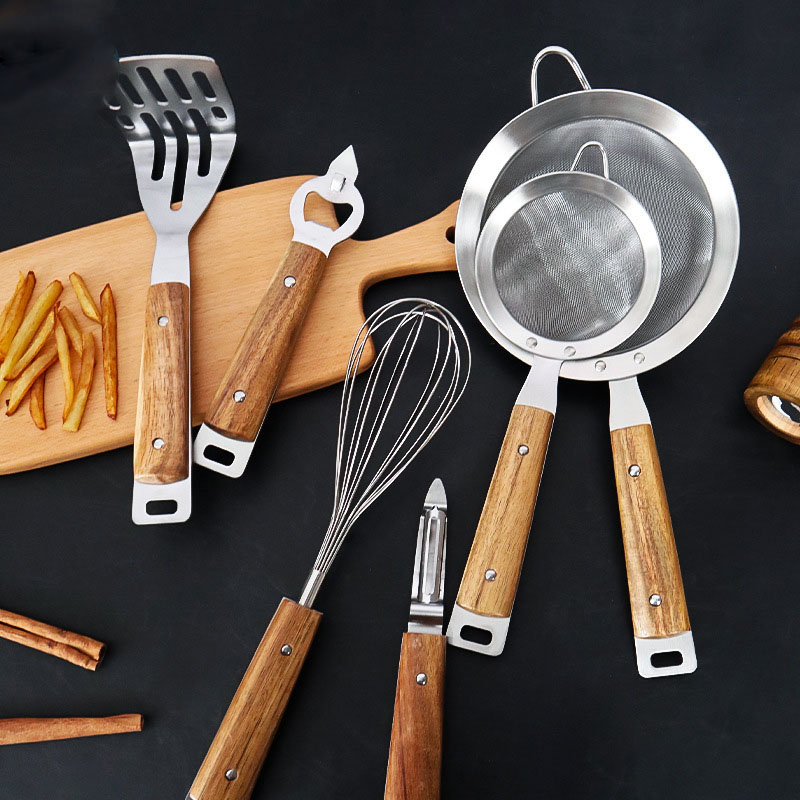 Creative Kitchen Tools Acacia Wood Mud Press Stainless Steel Egg Beater Oil Strainer Bottle Opener for Dinnerware Use