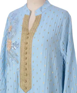 Neues Kleid A-Line florales besticktes Kleid Vintage vergoldetes Perlenkragen florale Stickerei Blume bescheiden Mittlerer Osten muslimische Abaya