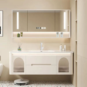 Armadietto da bagno moderno in rovere semplice con angoli arrotondati con <span class=keywords><strong>specchio</strong></span> da bagno in ceramica con <span class=keywords><strong>specchio</strong></span> da bagno in crema per lavabo Set - Product Image 4