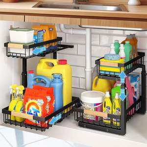 Organisateurs de rangement à 2 niveaux coulissants pour évier Organisateur d'armoire coulissant réglable Étagère de rangement à tiroir coulissant - Product Image 1