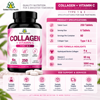 Comprimés de collagène marin hydrolysé antioxydant OEM avec vitamine C, complément oral pour la beauté, soin de la peau, des cheveux et des ongles pour adultes, 250 comprimés