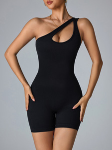 Brand Custom Slant Straps Sexy Seamless Slim Romper Women Sports Short Yoga One-piece Riding Bodysuit Fitness Running Jumpsuit - Product Image 4