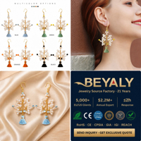 Anting-anting Rumbai Mutiara Kuningan Lapis Emas 18K, Rangkaian Mutiara Berbentuk Nasi, Pengait Ikan, Biru Hijau Oranye Hitam, Perhiasan Boho Wanita