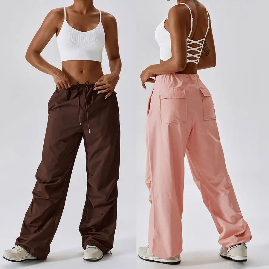 Benutzer definierte hohe Taille lose Jogging hose mit Taschen gerade Hose Nylon Pink Cargo hose für Frauen