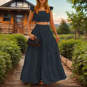 Nouvelle Robe <span class=keywords><strong>Longue</strong></span> Deux Pièces Élégante et Sexy, Couleur Unie, Sans Col, Taille Mi-Haute, à Bretelles, Grande Ampleur, pour l'Été - Product Image 4