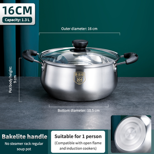 Marmite en acier inoxydable SUS 304 avec poignée en bakélite, couvercle en verre trempé transparent et compartiment vapeur – Ensemble d'ustensiles de cuisson - Product Image 2